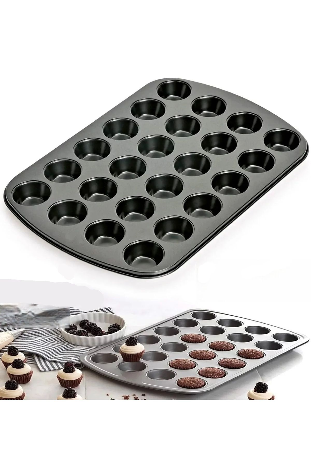 2 Adet Metal 24 Bölmeli Dayanıklı Çok Amaçlı Muffin Cupcake Kapkek Tartolet Fırın Kalıbı