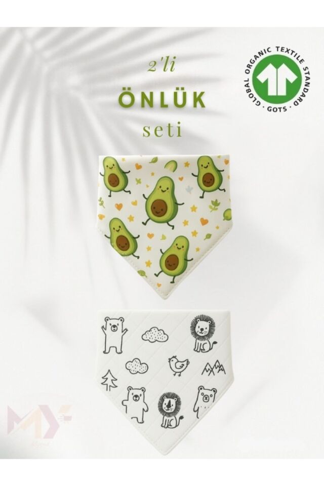 2 Adet Bebek Önlük Seti Müslin Kumaş Pamuklu %100 Doğal Sertifikalı Mama Önlüğü Çocuk Fular Bandana