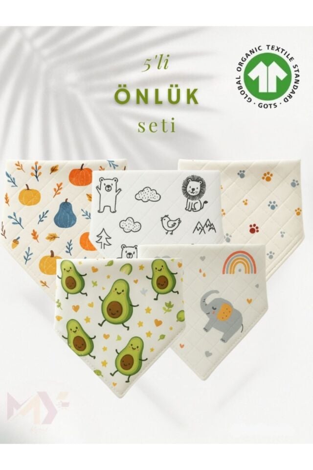 5 Adet Desenli Bebek Önlük Müslin Kumaş %100 Doğal Mama Önlüğü Çocuk Fular