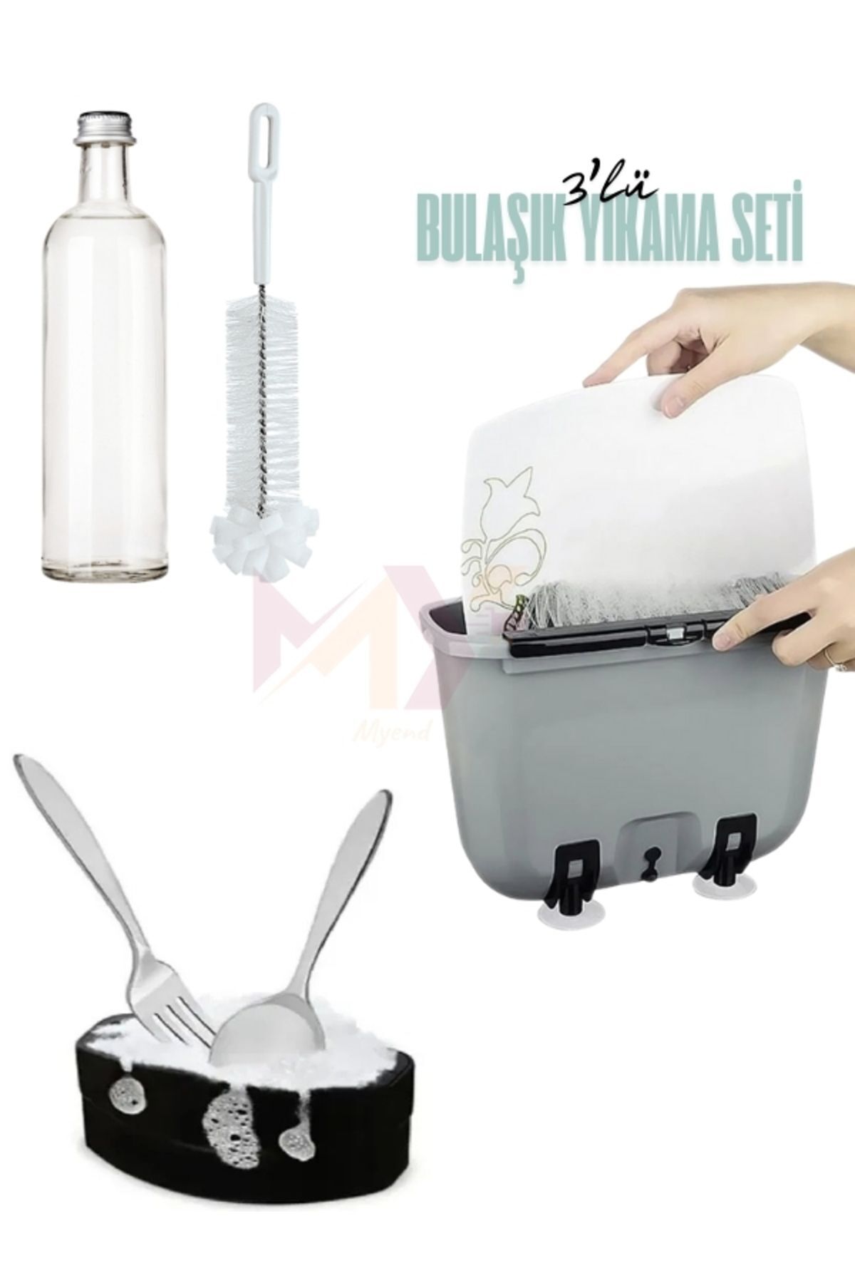 3'lü Bulaşık Yıkama Seti, Tabak&Çatal Kaşık&Şişe Yıkama Fırçası, Portatif Su Tasarruflu Bulaşık Seti