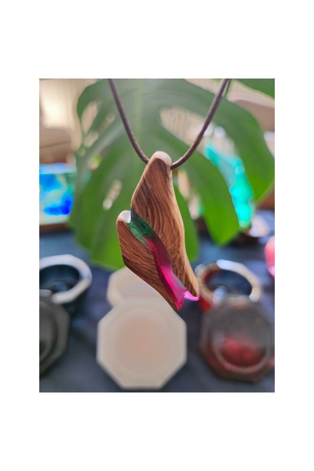 Ahşap Epoksi Tasarım Kolye, El Yapımı Kişiye Özel Tasarım, Handmade Pembe-Mavi