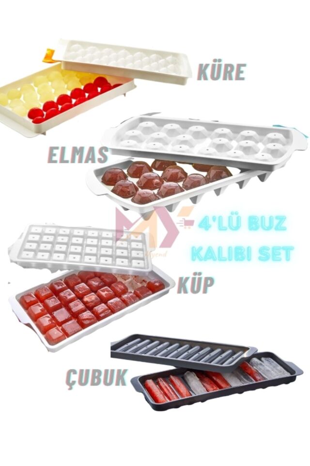 4'lü Buz Kalıbı Seti, Küre-Küp-Elmas-Çubuk Buz Kalıbı İçeren Set, Sunum Kokteyl İçin Buzluk Seti