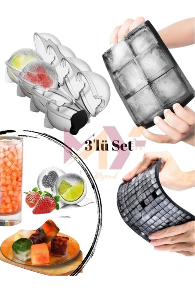 3'lü Buz Kalıbı Seti, Mini-XL-Küre Buz Kalıbı, Soğuk İçecek Kokteyl Buz Kalıbı Buzluk