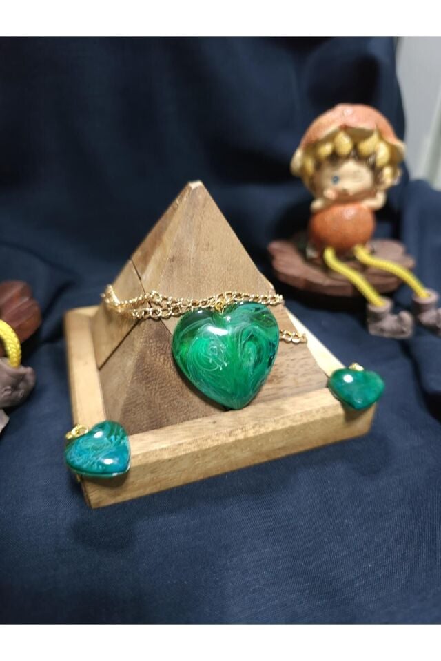 Özel Tasarım Ebru Epoksi Kolye Küpe Set Yeşil
