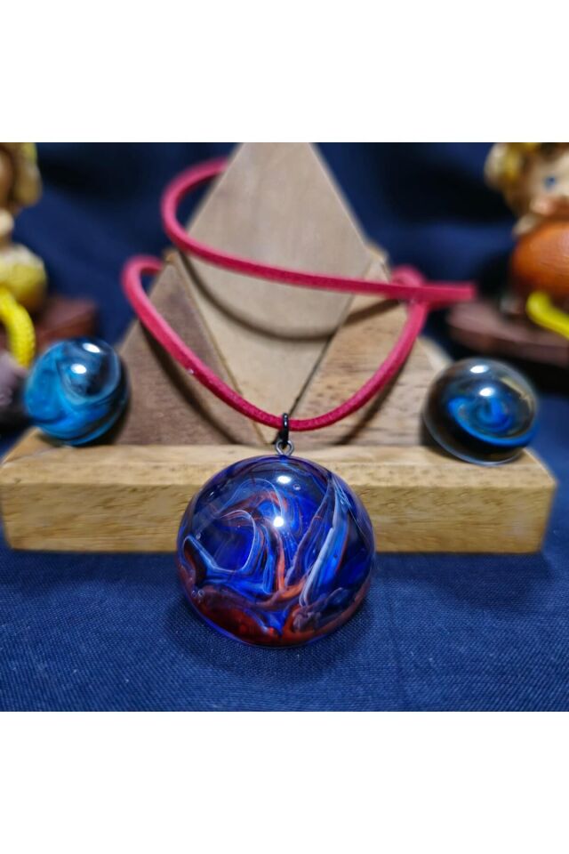 Özel Tasarım Ebru Epoksi Kolye Küpe Set Mavi