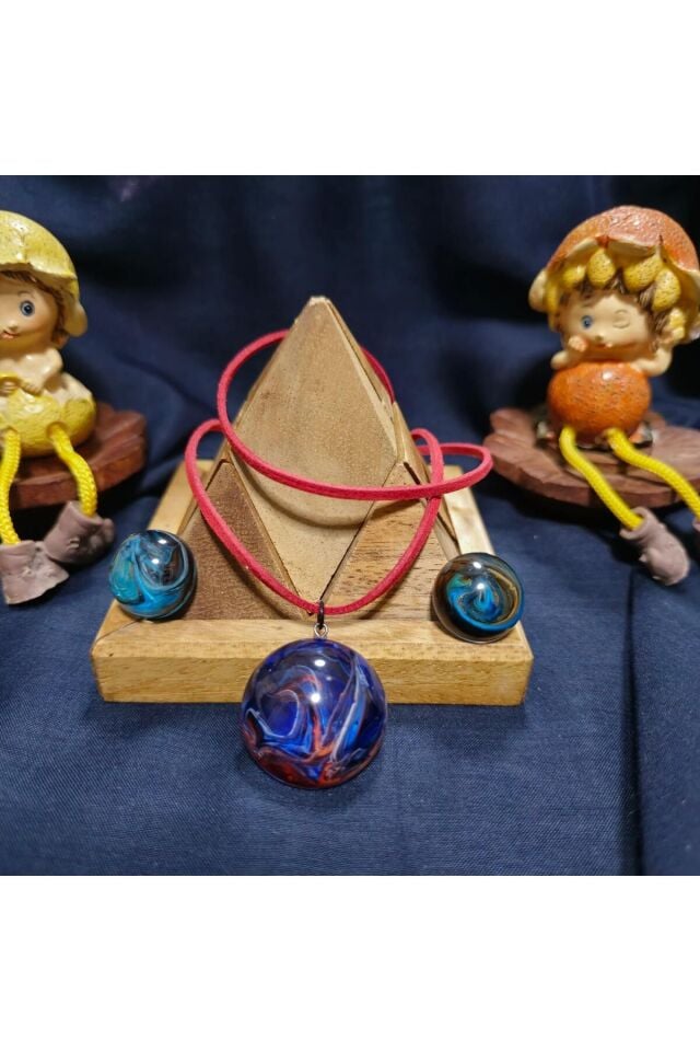 Özel Tasarım Ebru Epoksi Kolye Küpe Set Mavi