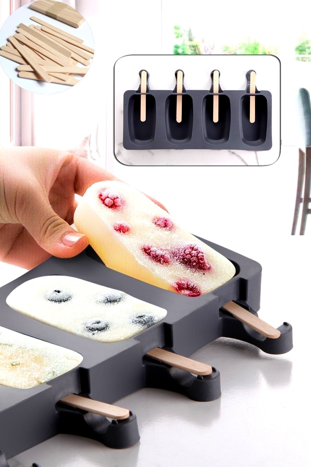 2 Adet Magnum Dondurma Kalıbı - 4'lü Büyük Boy Pratik Magnum Silikon Dondurma Kalıbı Antrasit