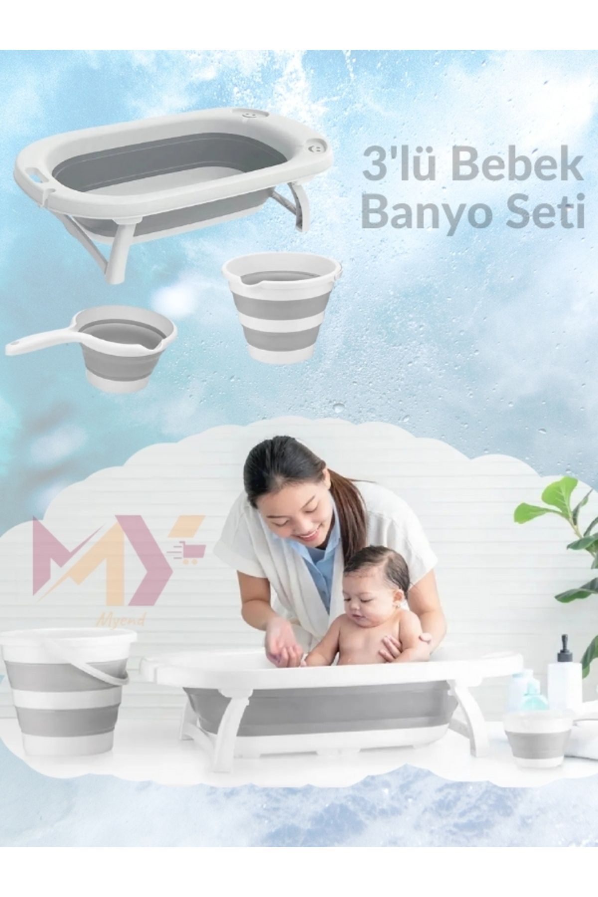 3 Parça Bebek Yıkama Seti, Katlanabilir Yer Kaplamayan Bebek Küvet, Kova, Maşrapa Set