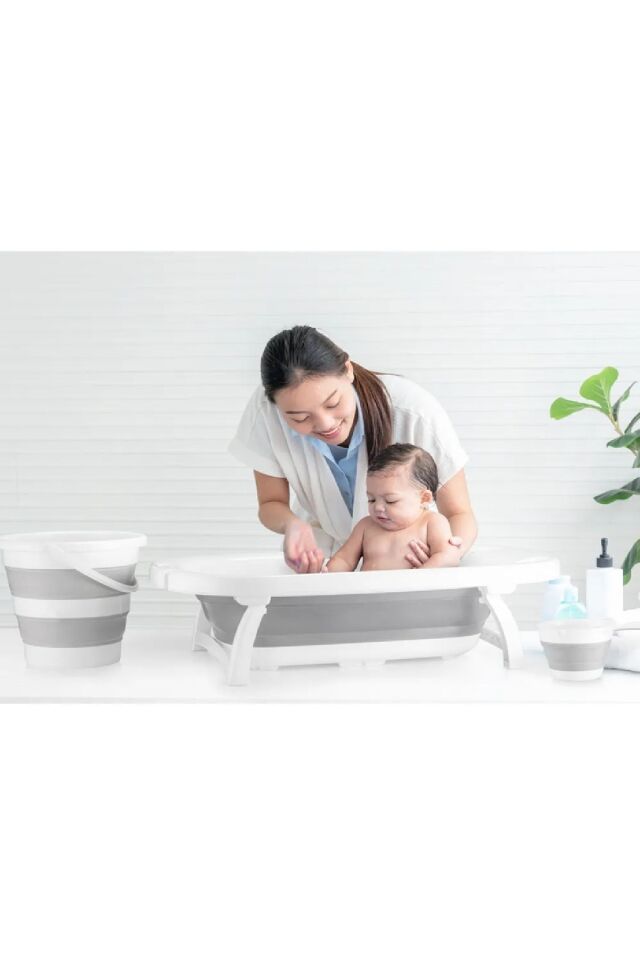 3'lü Set Katlanır Bebek Küvet Seti Bebek Banyo Küveti 50 Litre Katlanır Kova 12,8 Litre Maşrapa Set