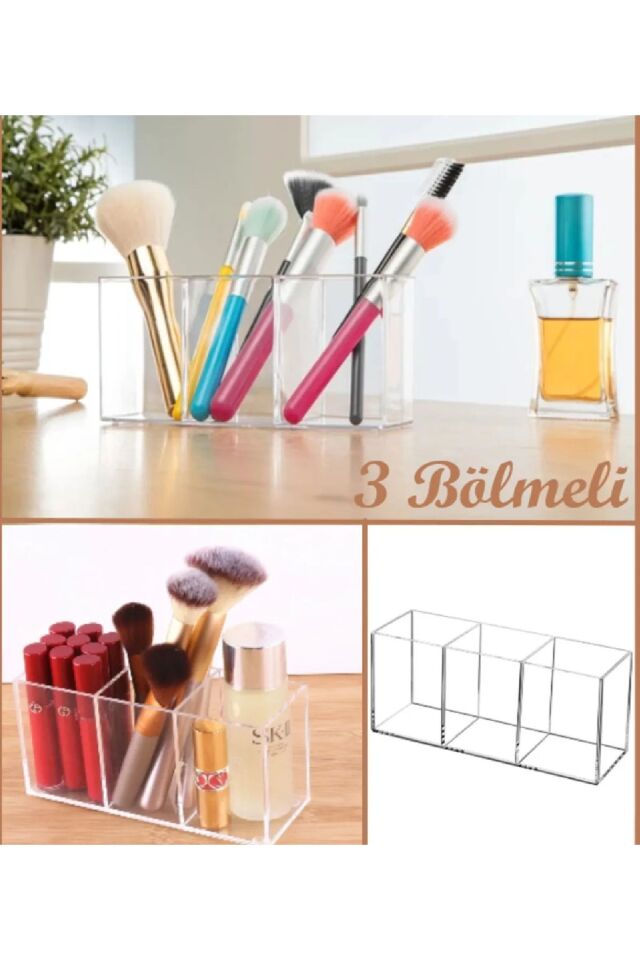 Kristal 3 Bölmeli Organizer Takımı Makyaj Fırçası Ruj Düzenleyici Kare Organizer