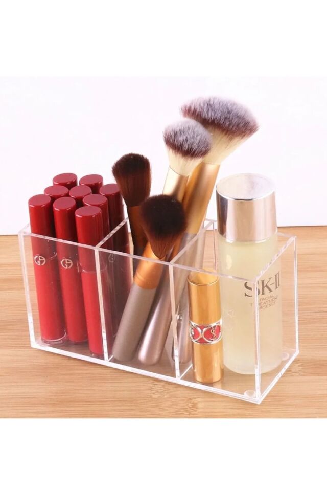Kristal 3 Bölmeli Organizer Takımı Makyaj Fırçası Ruj Düzenleyici Kare Organizer