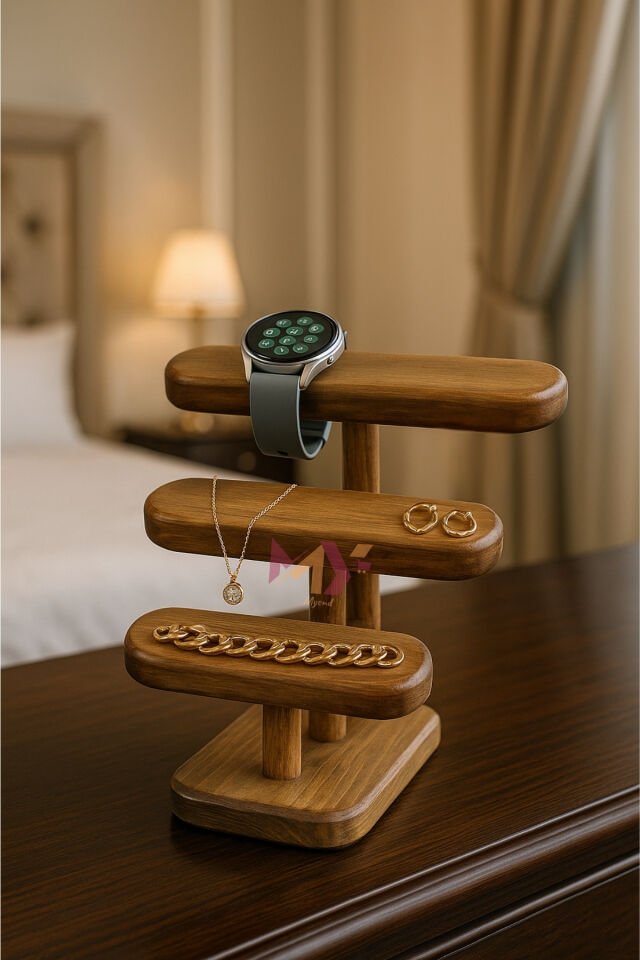 El Yapımı Ahşap Takı Standı & Saat, Bileklik, Kolye, Yüzük Organizeri