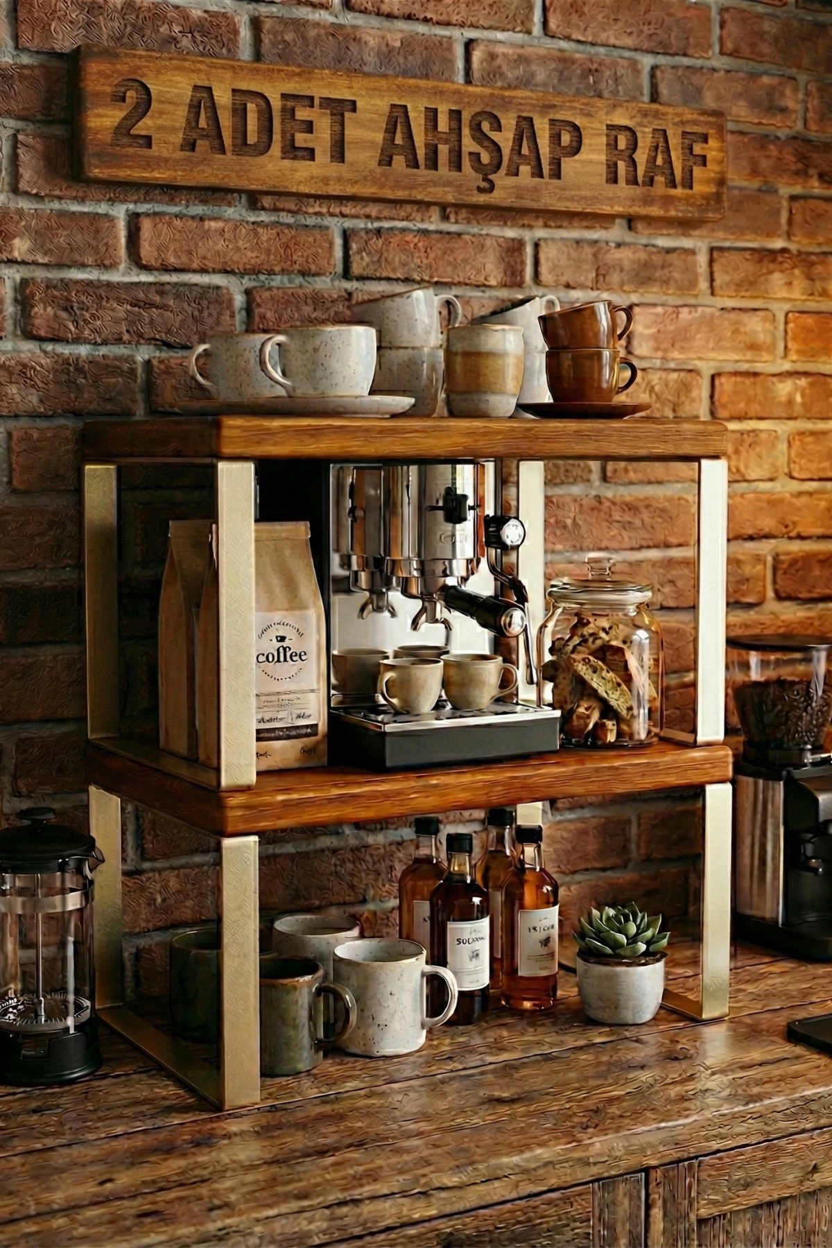 2 Adet Ahşap Dolap İçi & Tezgah Üstü Dekoratif Raf, Metal Ayaklı