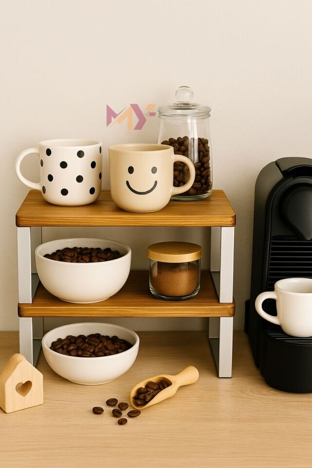 Ahşap Dolap İçi Tezgah Üstü Dekoratif Raf, Metal Ayaklı