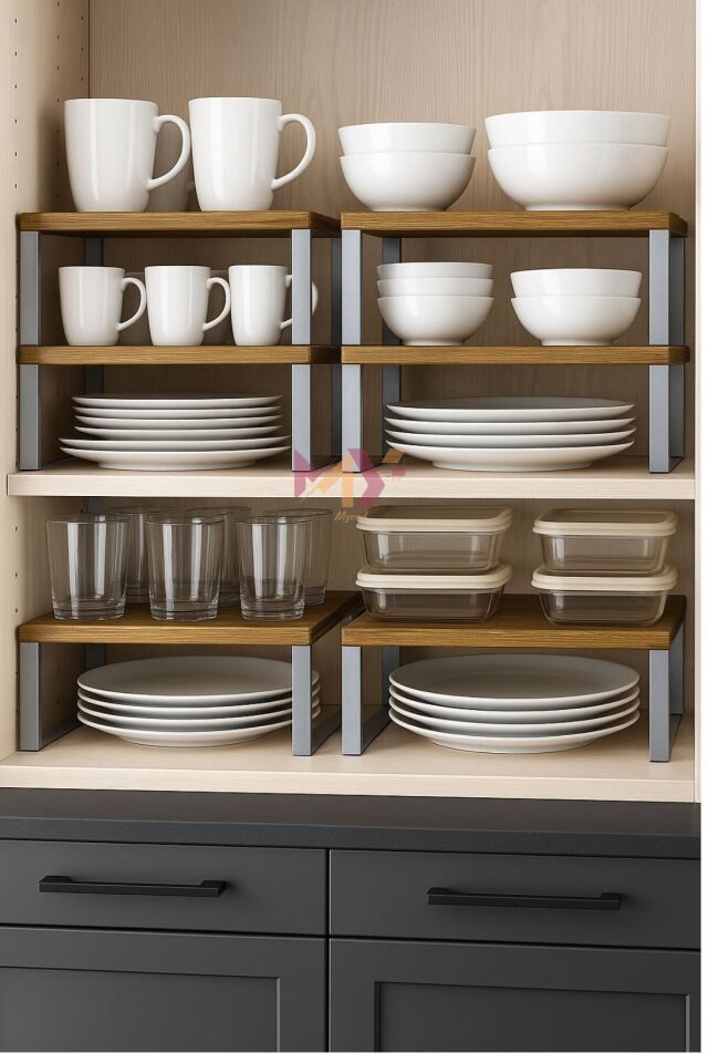 Ahşap Dolap İçi Tezgah Üstü Dekoratif Raf, Metal Ayaklı