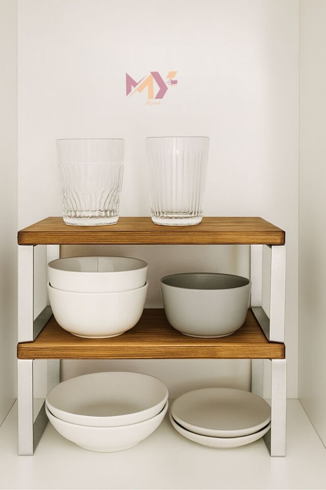 Ahşap Dolap İçi Tezgah Üstü Dekoratif Raf, Metal Ayaklı