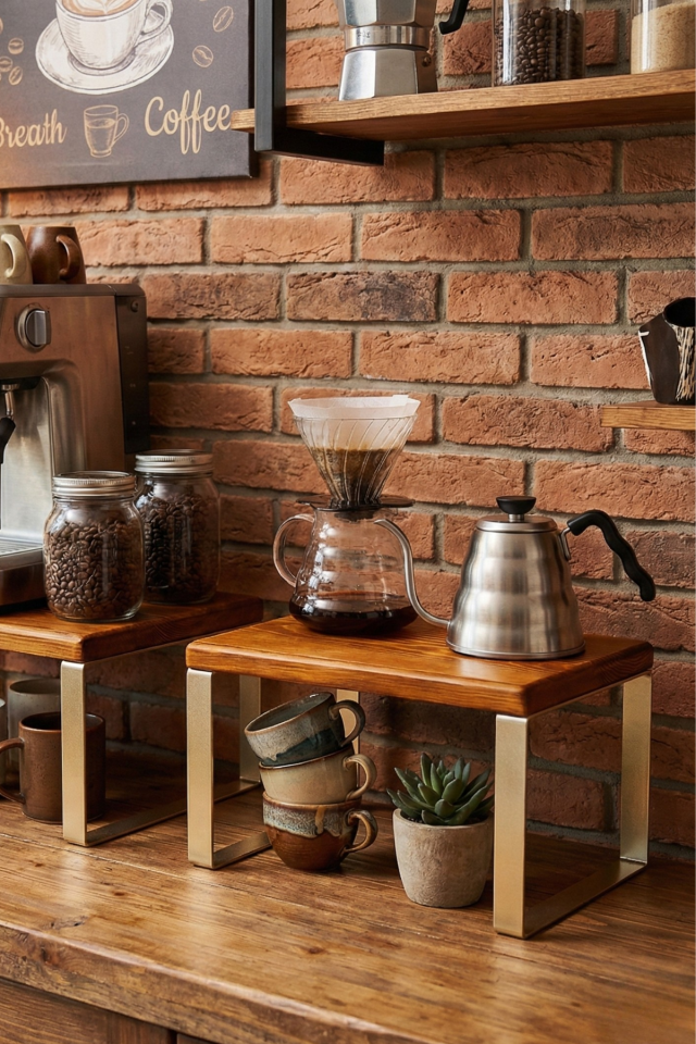 Ahşap Dolap İçi Tezgah Üstü Dekoratif Raf, Metal Ayaklı