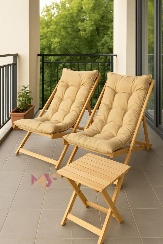 Minderli Katlanır Ahşap Şezlong Takımı – 2 Adet Şezlong + 1 Sehpa, Bahçe, Balkon