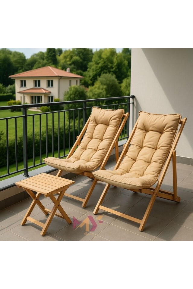 Minderli Katlanır Ahşap Şezlong Takımı – 2 Adet Şezlong + 1 Sehpa, Bahçe, Balkon