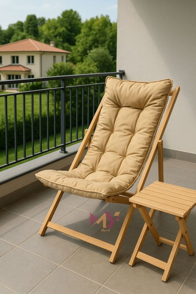 Minderli Katlanır Ahşap Şezlong Takımı – 2 Adet Şezlong + 1 Sehpa, Bahçe, Balkon