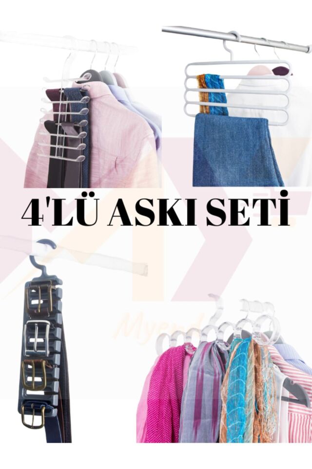 4'lü Askı Seti, Pantolon-Kemer-Aksesuar-Kravat Askısı Seti Çok Renkli