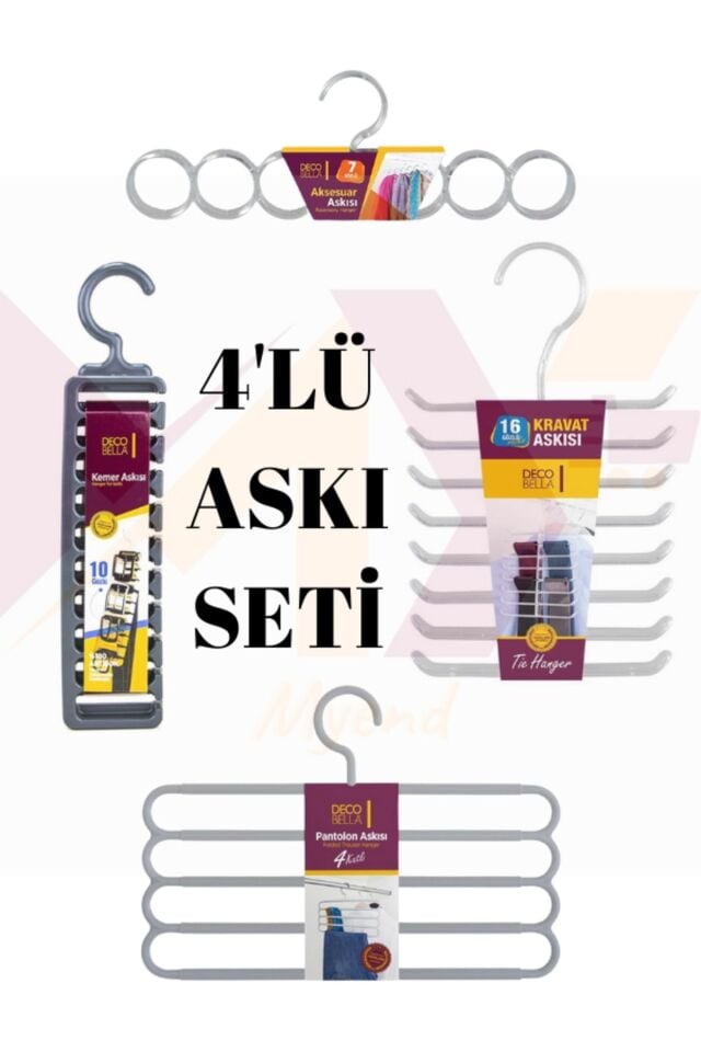 4'lü Askı Seti, Pantolon-Kemer-Aksesuar-Kravat Askısı Seti Çok Renkli