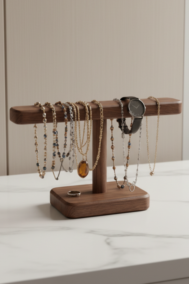 Doğal Ahşap El Yapımı Tekli Takı Standı, Saat Organizeri Kolye Küpe Yüzük Bileklik Düzenleyici