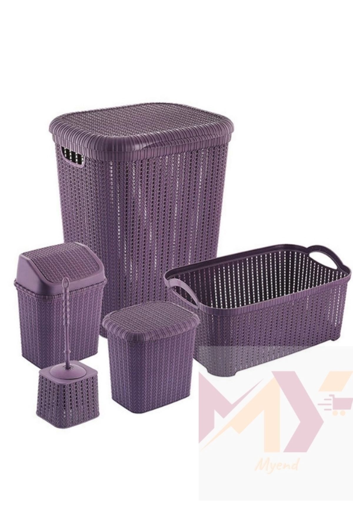 5'li Banyo Seti, Örgü Sepet Kutu Çamaşırlık Çöp Kovası ve Fırça Set, Mürdüm, EH-409
