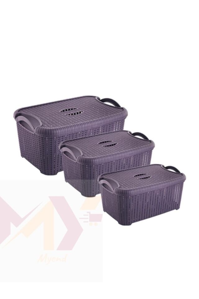 3'lü Boy Boy Kapaklı Örgü Banyo Sepeti, 10-22-32 Litre Kapasiteli Sandık Set Mürdüm Eh-408