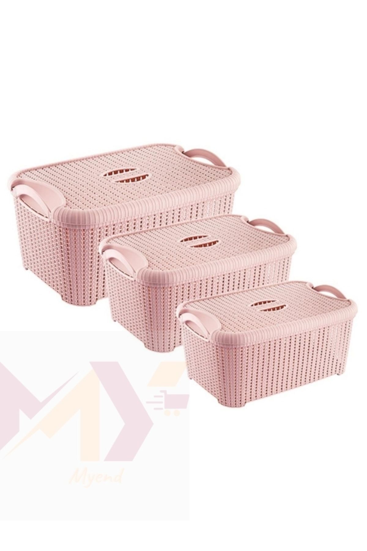 3'lü Boy Boy Kapaklı Örgü Banyo Sepeti, 10-22-32 Litre Kapasiteli Sandık Set Pembe Eh-408