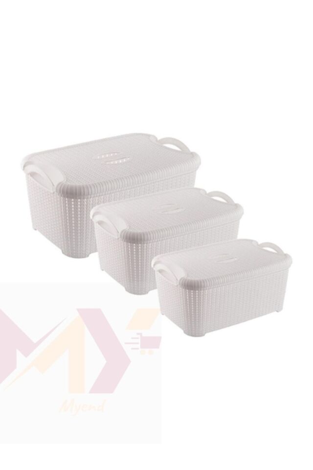 3'lü Boy Boy Kapaklı Örgü Banyo Sepeti, 10-22-32 Litre Kapasiteli Sandık Set Beyaz Eh-408