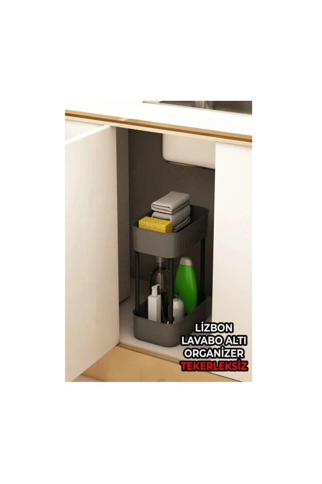 Gri Lizbon Çok Amaçlı 2 Katlı Banyo Düzenleyici Dolap Içi Tezgah Altı Tekerleksiz Organizer