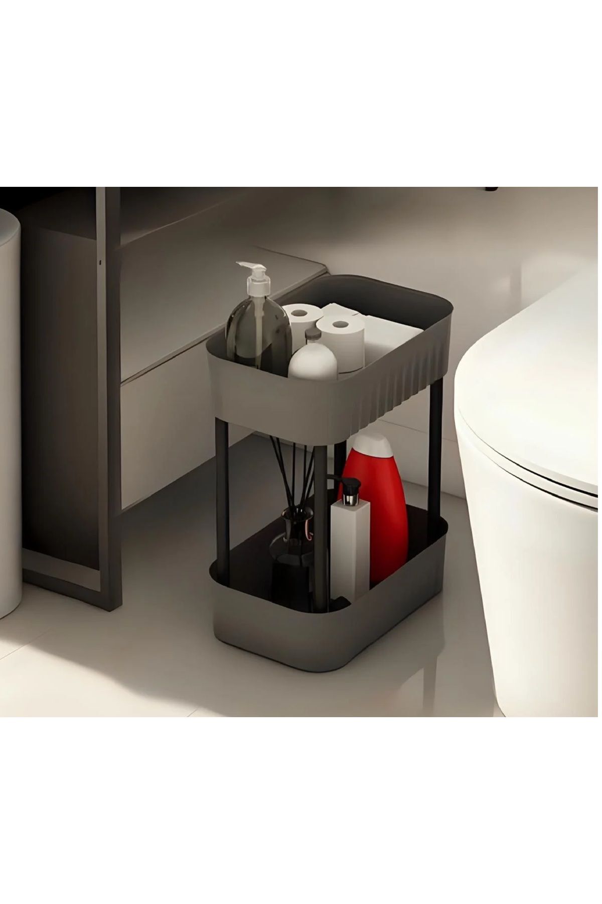 Gri Lizbon Çok Amaçlı 2 Katlı Banyo Düzenleyici Dolap Içi Tezgah Altı Tekerleksiz Organizer