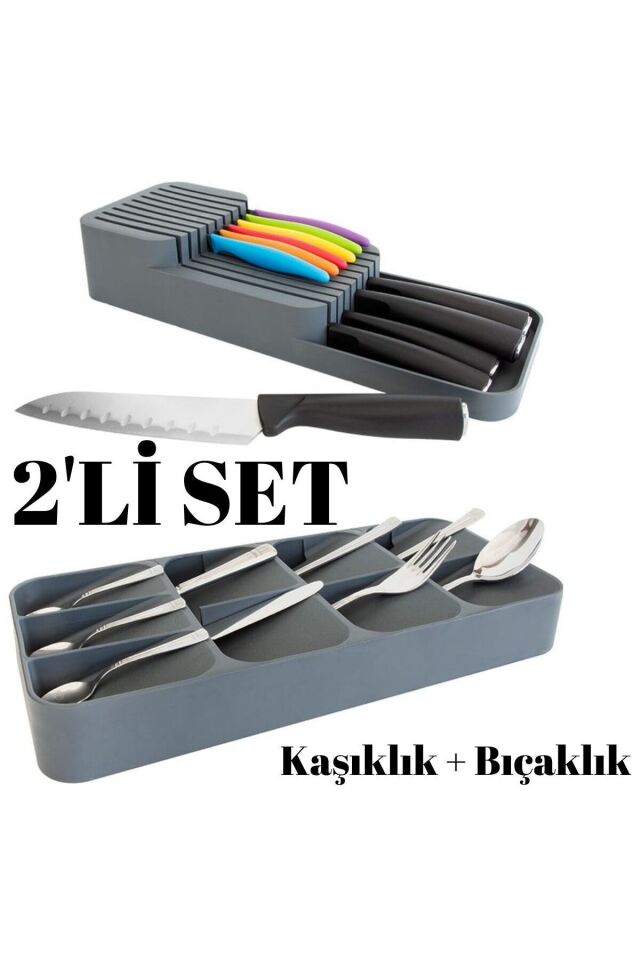 2'li Set Kaşıklık Bıçaklık, 9 Bölmeli Kaşıklık ve 2 Sıra Bıçaklık Seti, Antrasit
