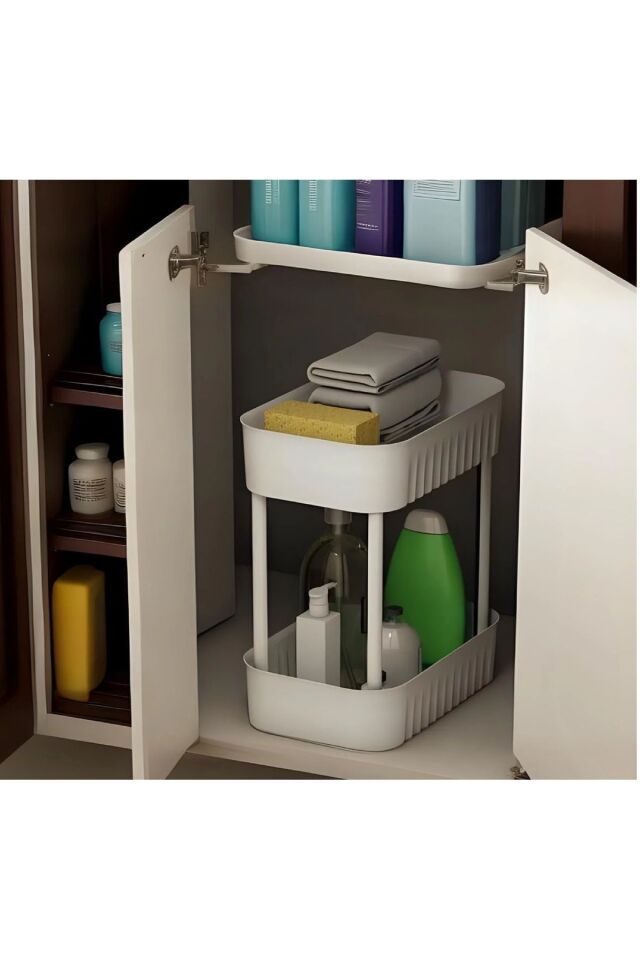 Beyaz Çok Amaçlı 2 Katlı Banyo Düzenleyici Dolap Içi Tezgah Altı Tekerleksiz Organizer
