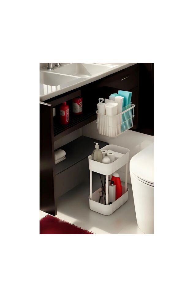 Beyaz Çok Amaçlı 2 Katlı Banyo Düzenleyici Dolap Içi Tezgah Altı Tekerleksiz Organizer