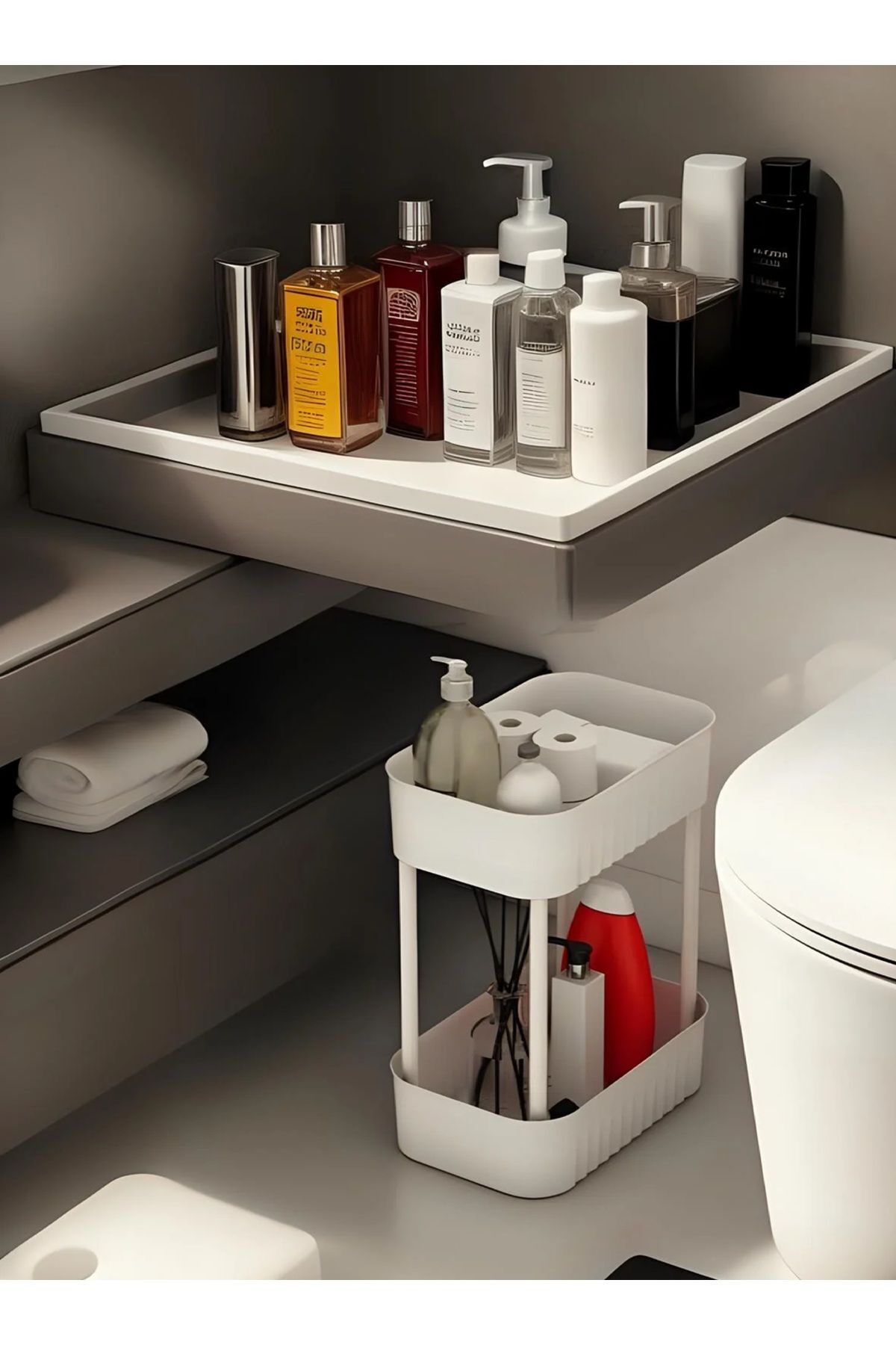 Beyaz Çok Amaçlı 2 Katlı Banyo Düzenleyici Dolap Içi Tezgah Altı Tekerleksiz Organizer