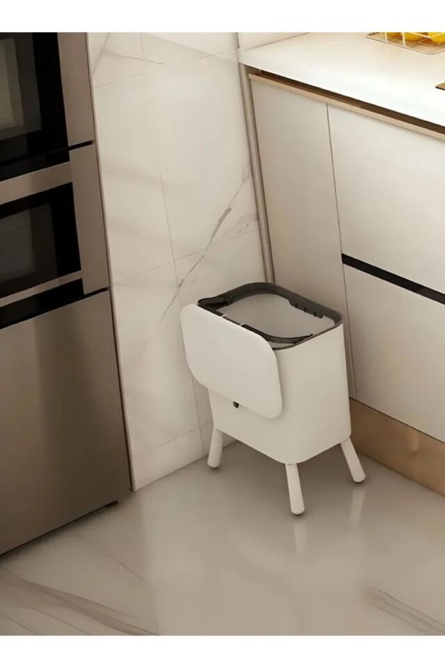 Beyaz 15 Litre Ayaklı Fonksiyonel Kapaklı Banyo Ve Mutfak Çöp Kovası Beyaz