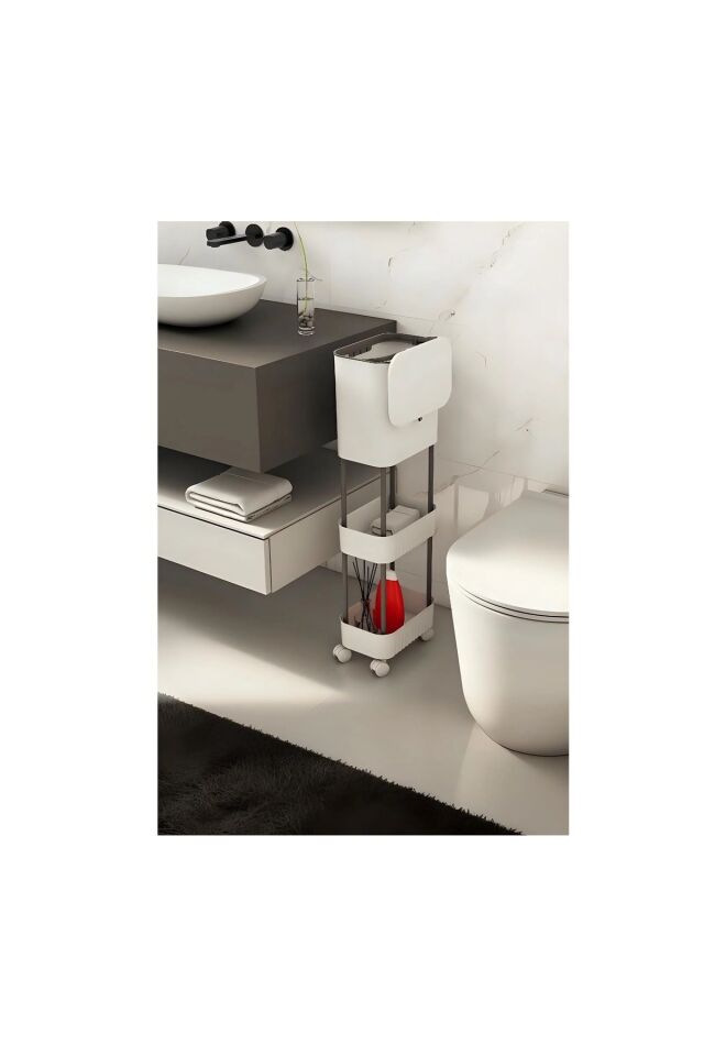 Beyaz 15 Litre Çift Raf Üniteli Tekerlekli Fonksiyonel Kapaklı Banyo Ve Mutfak Çöp Kovası Beyaz