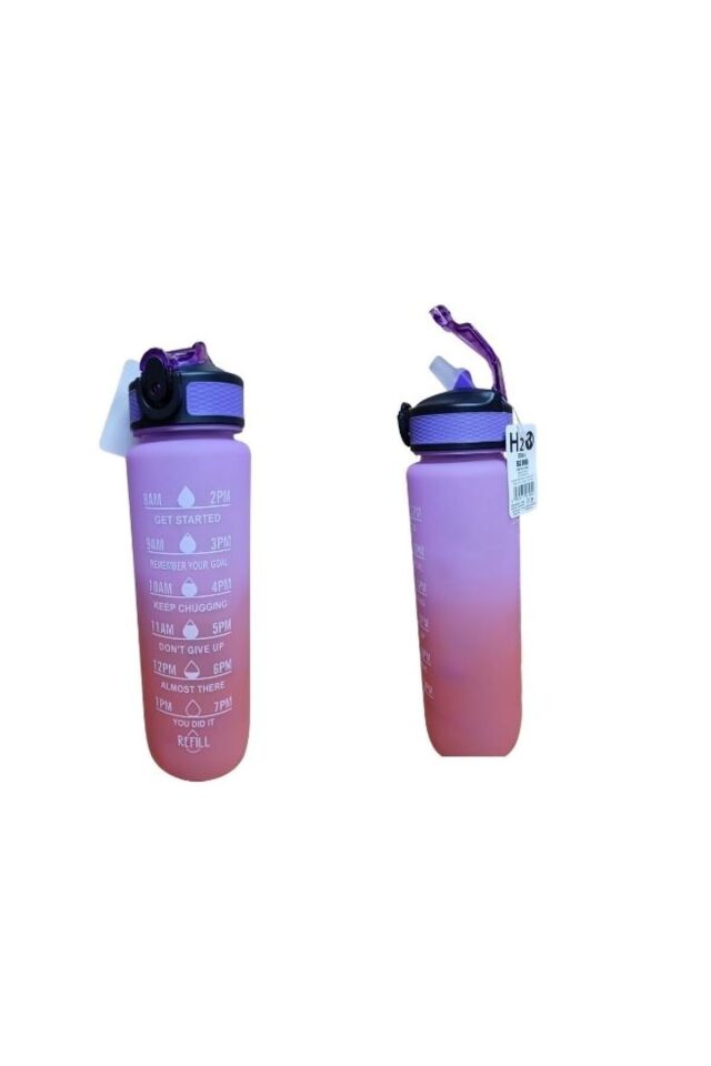 Pembe Mor Kilitli Sızdırmaz Kapaklı Pipetli Matara Kayışlı ve Motivasyon Yazılı Matara 1 Litre