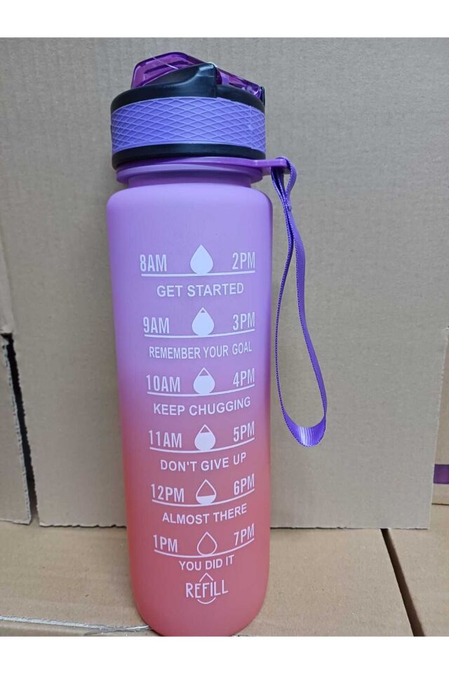 Pembe Mor Kilitli Sızdırmaz Kapaklı Pipetli Matara Kayışlı ve Motivasyon Yazılı Matara 1 Litre