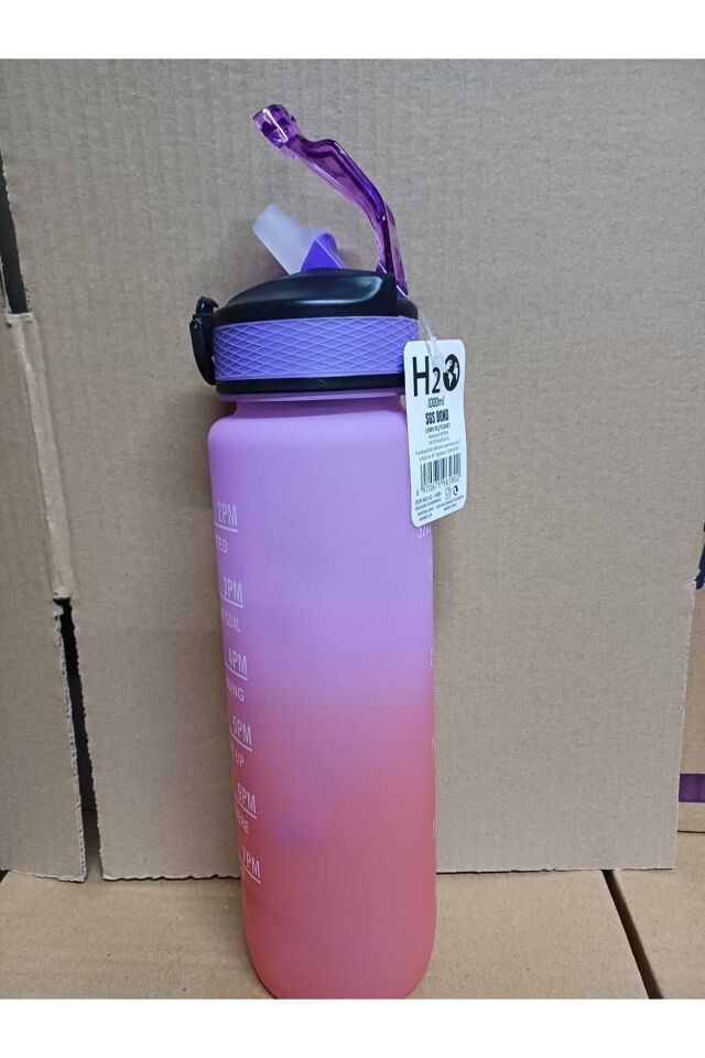 Pembe Mor Kilitli Sızdırmaz Kapaklı Pipetli Matara Kayışlı ve Motivasyon Yazılı Matara 1 Litre