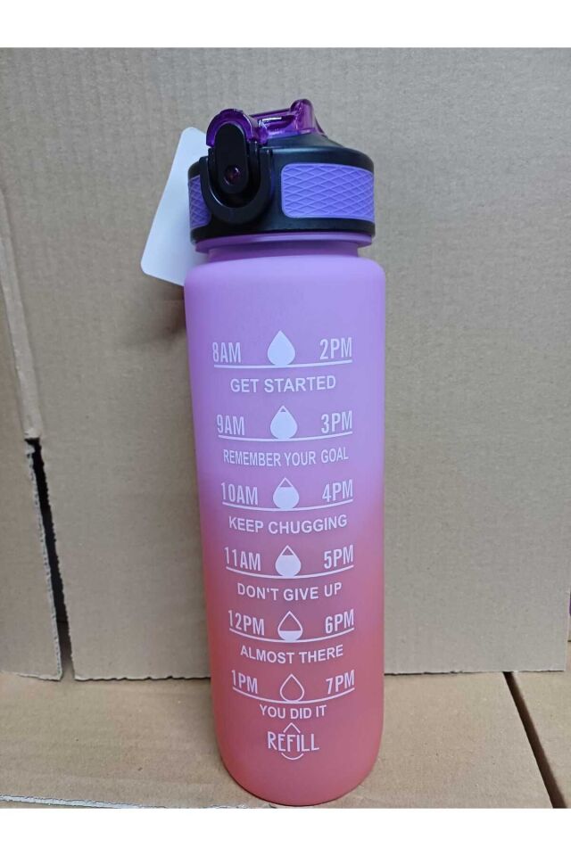 Pembe Mor Kilitli Sızdırmaz Kapaklı Pipetli Matara Kayışlı ve Motivasyon Yazılı Matara 1 Litre