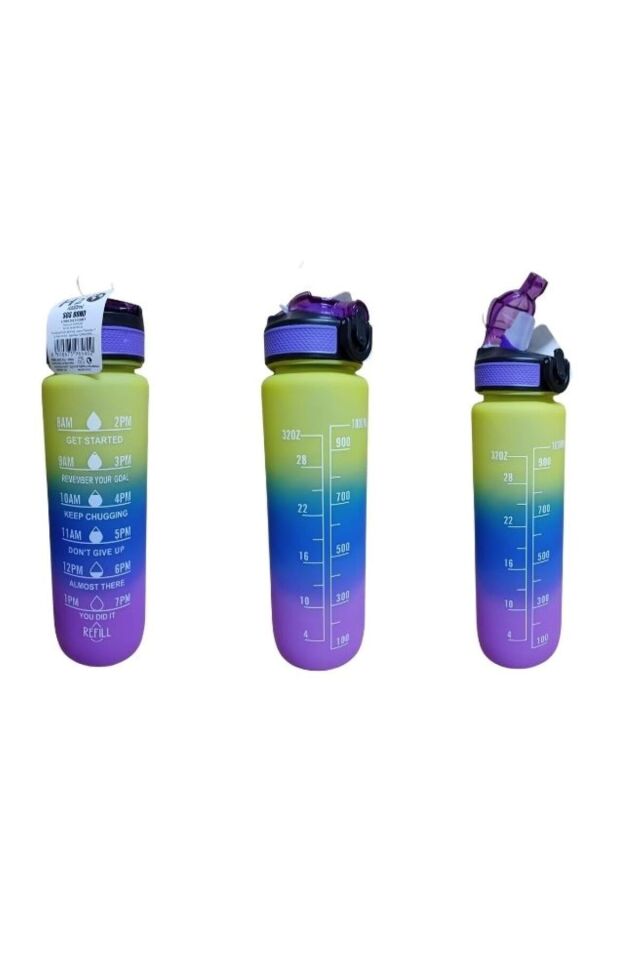 3 Renkli Kilitli Sızdırmaz Kapaklı Pipetli Matara Kayışlı ve Motivasyon Yazılı Matara 1 Litre
