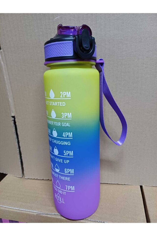 3 Renkli Kilitli Sızdırmaz Kapaklı Pipetli Matara Kayışlı ve Motivasyon Yazılı Matara 1 Litre