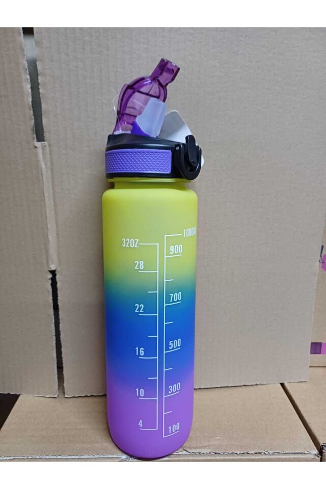 3 Renkli Kilitli Sızdırmaz Kapaklı Pipetli Matara Kayışlı ve Motivasyon Yazılı Matara 1 Litre