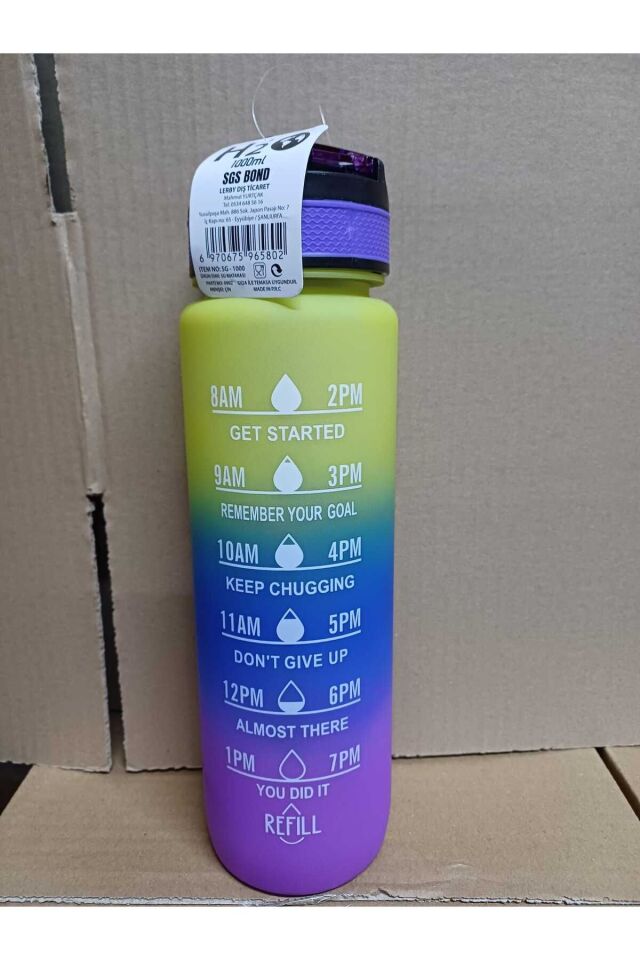 3 Renkli Kilitli Sızdırmaz Kapaklı Pipetli Matara Kayışlı ve Motivasyon Yazılı Matara 1 Litre