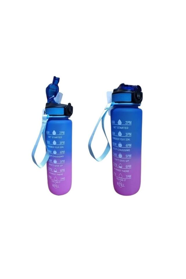 Mor Mavi Kilitli Sızdırmaz Kapaklı Pipetli Matara Kayışlı ve Motivasyon Yazılı Matara 1 Litre