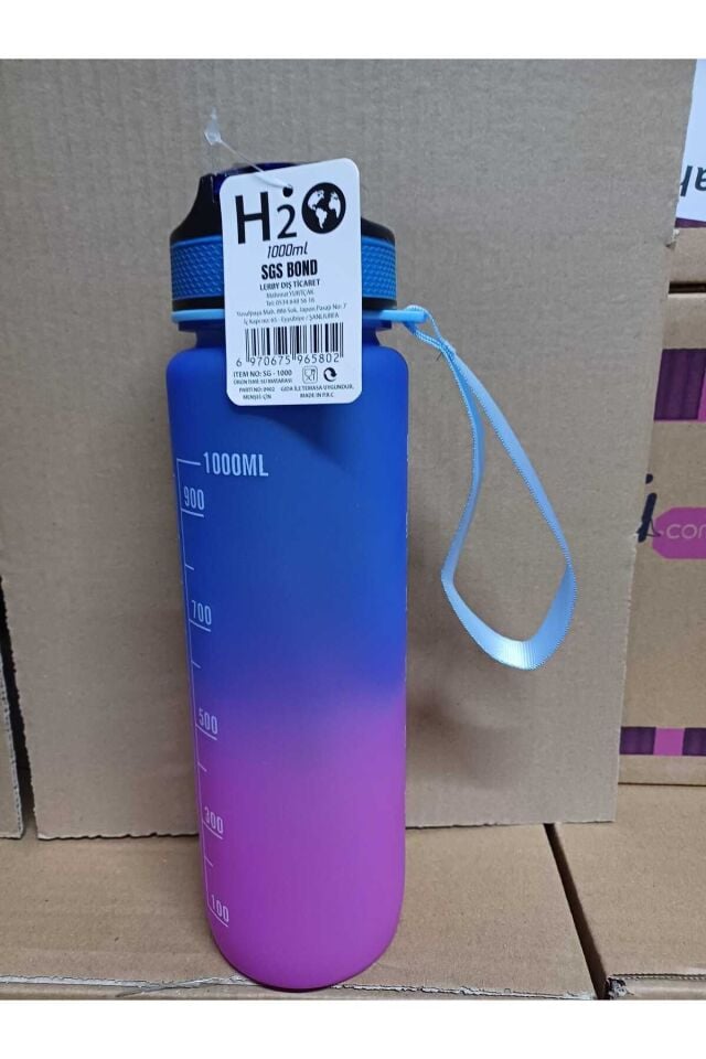 Mor Mavi Kilitli Sızdırmaz Kapaklı Pipetli Matara Kayışlı ve Motivasyon Yazılı Matara 1 Litre