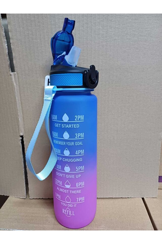 Mor Mavi Kilitli Sızdırmaz Kapaklı Pipetli Matara Kayışlı ve Motivasyon Yazılı Matara 1 Litre
